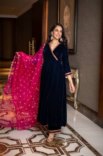 Velvet royal blue and pink overlap kurta set
