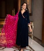 Velvet royal blue and pink overlap kurta set