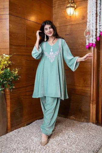 Velvet mint embroidered co-ord set