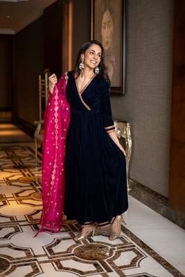Velvet royal blue and pink overlap kurta set 2