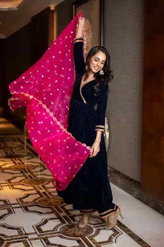 Velvet royal blue and pink overlap kurta set