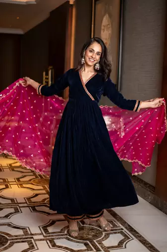 Velvet royal blue and pink overlap kurta set