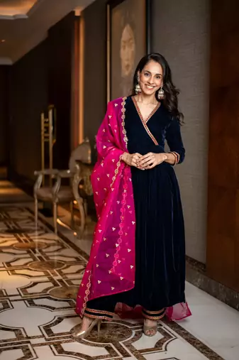 Velvet royal blue and pink overlap kurta set