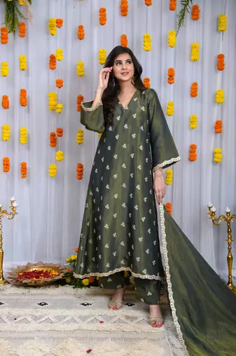 Green golden tissue a line kurta set