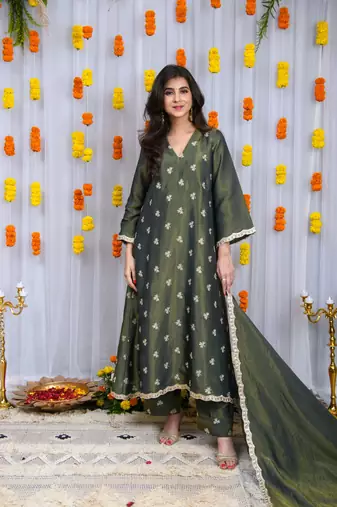 Green golden tissue a line kurta set