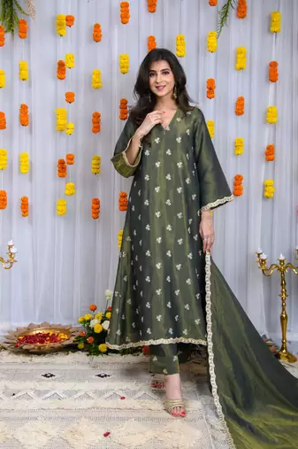 Green golden tissue a line kurta set