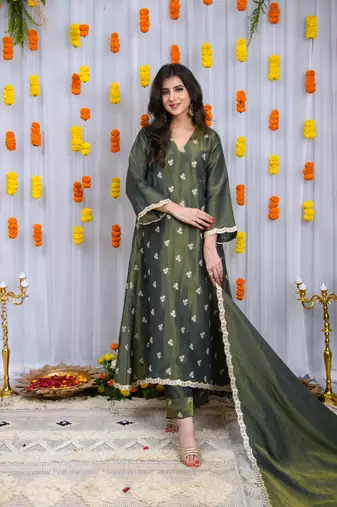 Green golden tissue a line kurta set