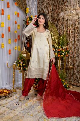 Beige and red tissue kurta set 1