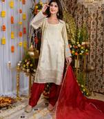 Beige and red tissue kurta set