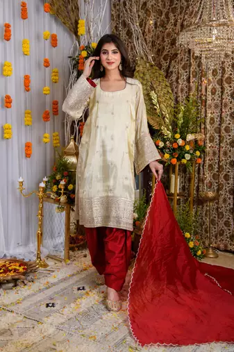 Beige and red tissue kurta set