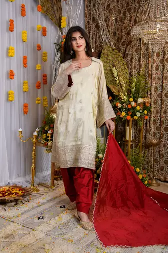 Beige and red tissue kurta set