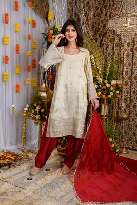 Beige and red tissue kurta set 4
