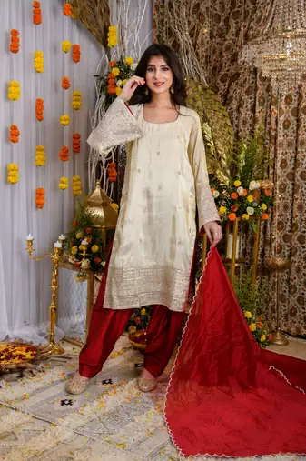 Beige and red tissue kurta set