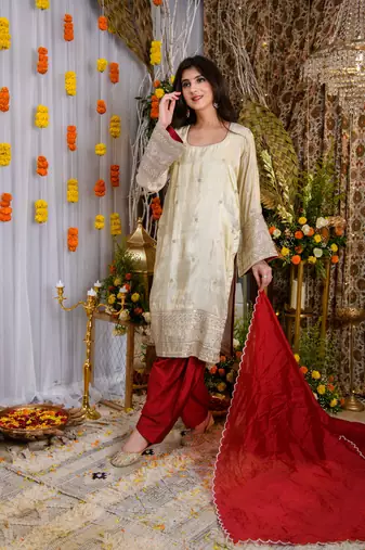Beige and red tissue kurta set