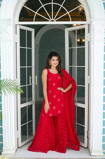 Red short kurta with palazzo