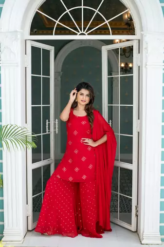 Red short kurta with palazzo