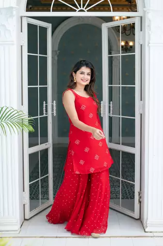 Red short kurta with palazzo