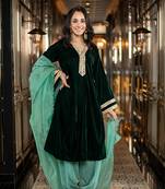 Velvet bottle green and mint green salwar set