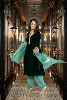 Velvet bottle green and mint green salwar set 3