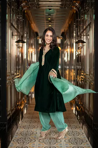 Velvet bottle green and mint green salwar set