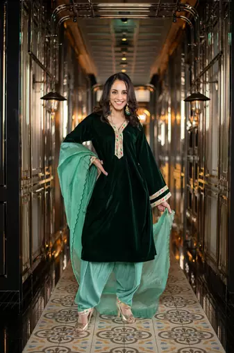 Velvet bottle green and mint green salwar set