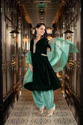 Velvet bottle green and mint green salwar set
