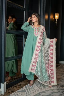 Velvet mint green kurta set with thread work dupatta 2
