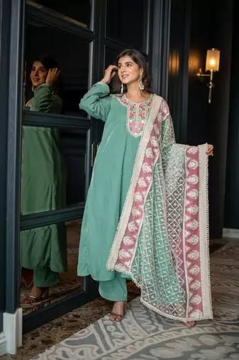 Velvet mint green kurta set with thread work dupatta