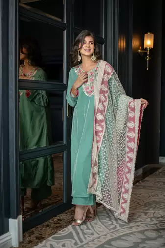 Velvet mint green kurta set with thread work dupatta
