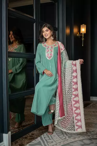 Velvet mint green kurta set with thread work dupatta