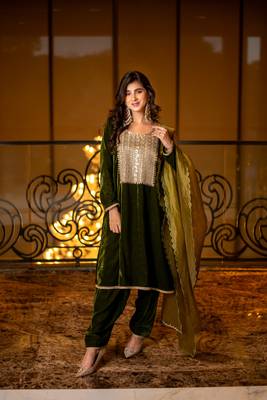 Velvet dark olive kurta set 1