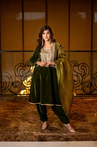 Velvet dark olive kurta set