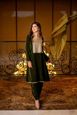 Velvet dark olive kurta set 3