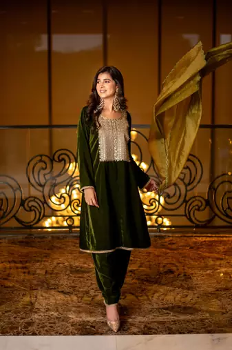 Velvet dark olive kurta set