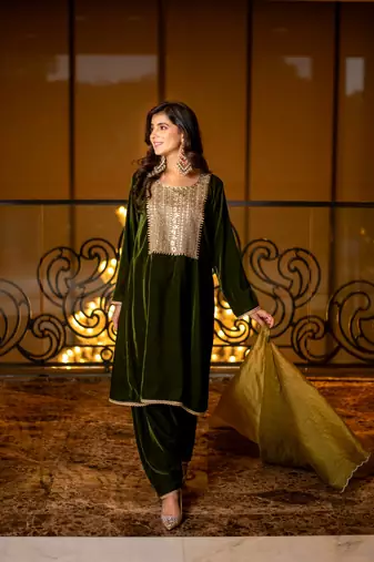 Velvet dark olive kurta set