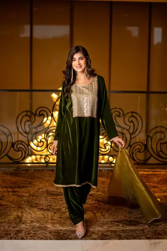 Velvet dark olive kurta set
