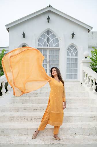 Light orange thread work kurta set