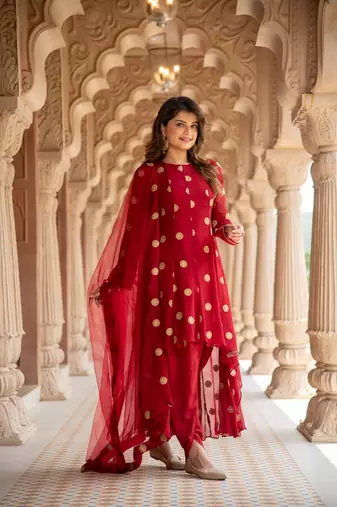 Maroon high low dhoti set