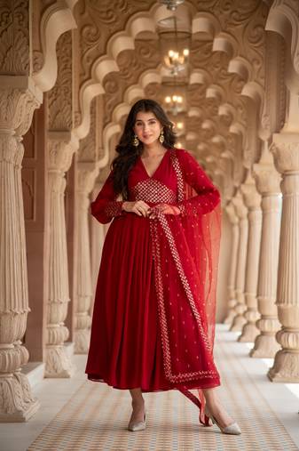 Maroon v neck anarkali set