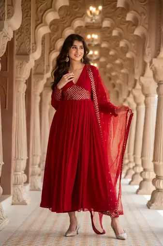 Maroon v neck anarkali set