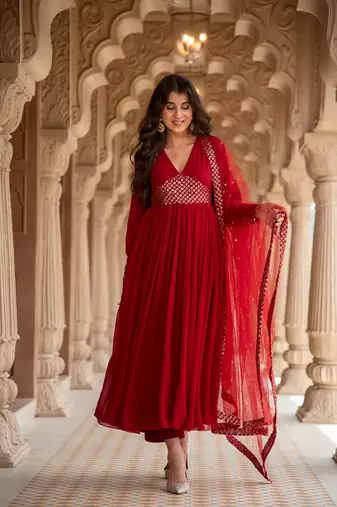 Maroon v neck anarkali set