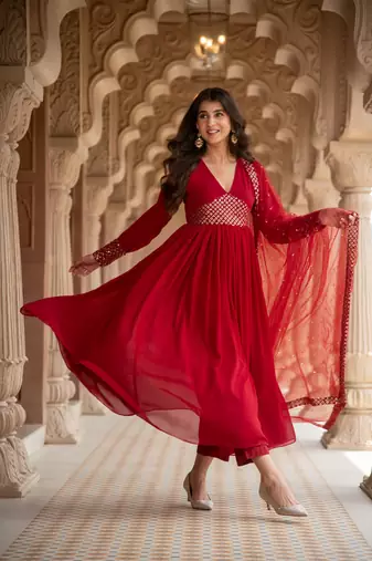 Maroon v neck anarkali set