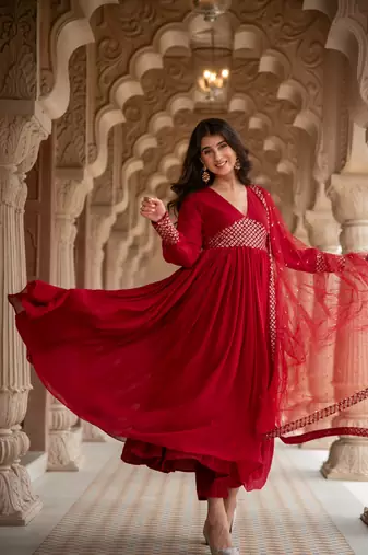 Maroon v neck anarkali set