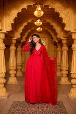 Red chanderi long gown with dupatta 1