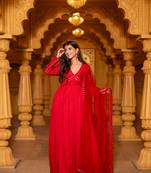 Red chanderi long gown with dupatta