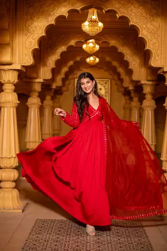 Red chanderi long gown with dupatta