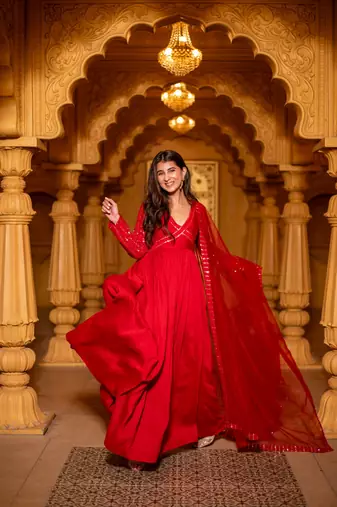 Red chanderi long gown with dupatta