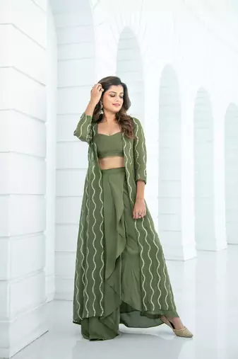 Olive skirt dhoti with jacket
