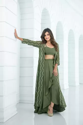 Olive skirt dhoti with jacket