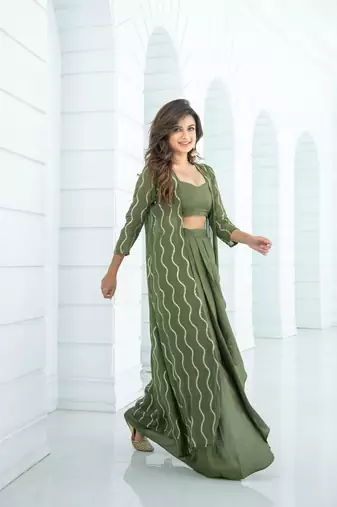 Olive skirt dhoti with jacket